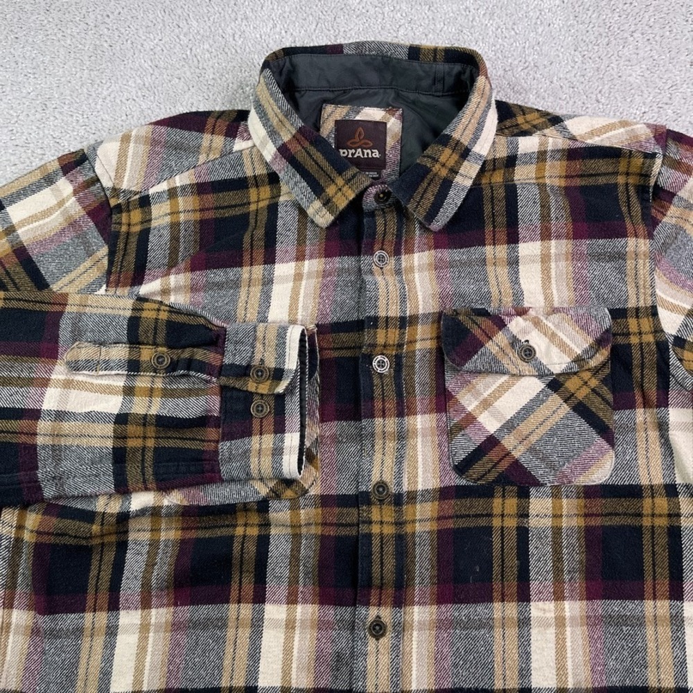 Prana Shirt Mens Large Brown Plaid Heavy Flannel Button Up Chore Shacket